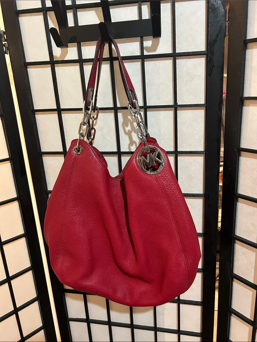 Michael Kors Pink-Red Pebbled Leather Shoulder Bag with Silver Hardware